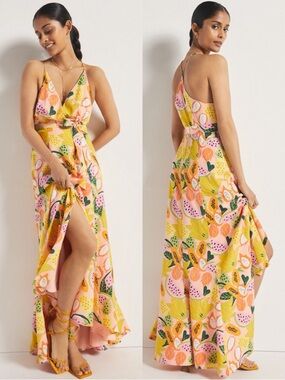 Hutch Tropical Fruit Print High-Low Wrap Maxi Dress Size XL